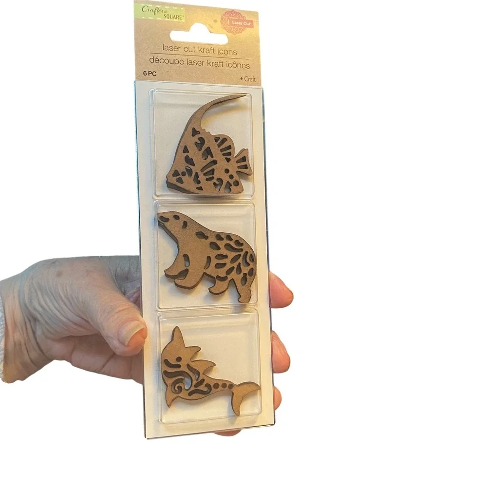Crafters Square Laser Cut Kraft Icons 6pc Animal Fish Bear Dolphin